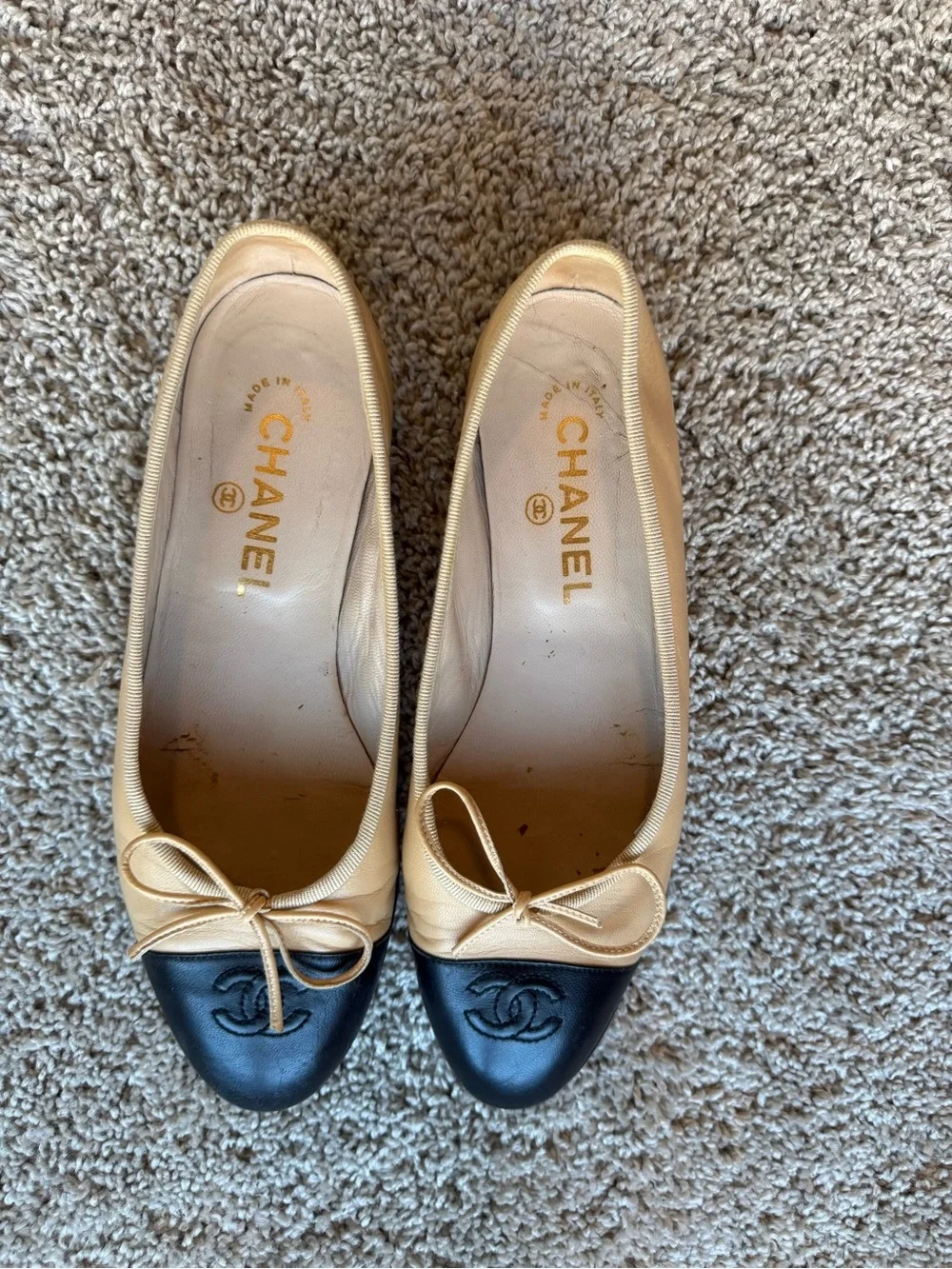 CHANEL Beige and Black Cap-Toe Ballet Flats - Picture 1 of 5